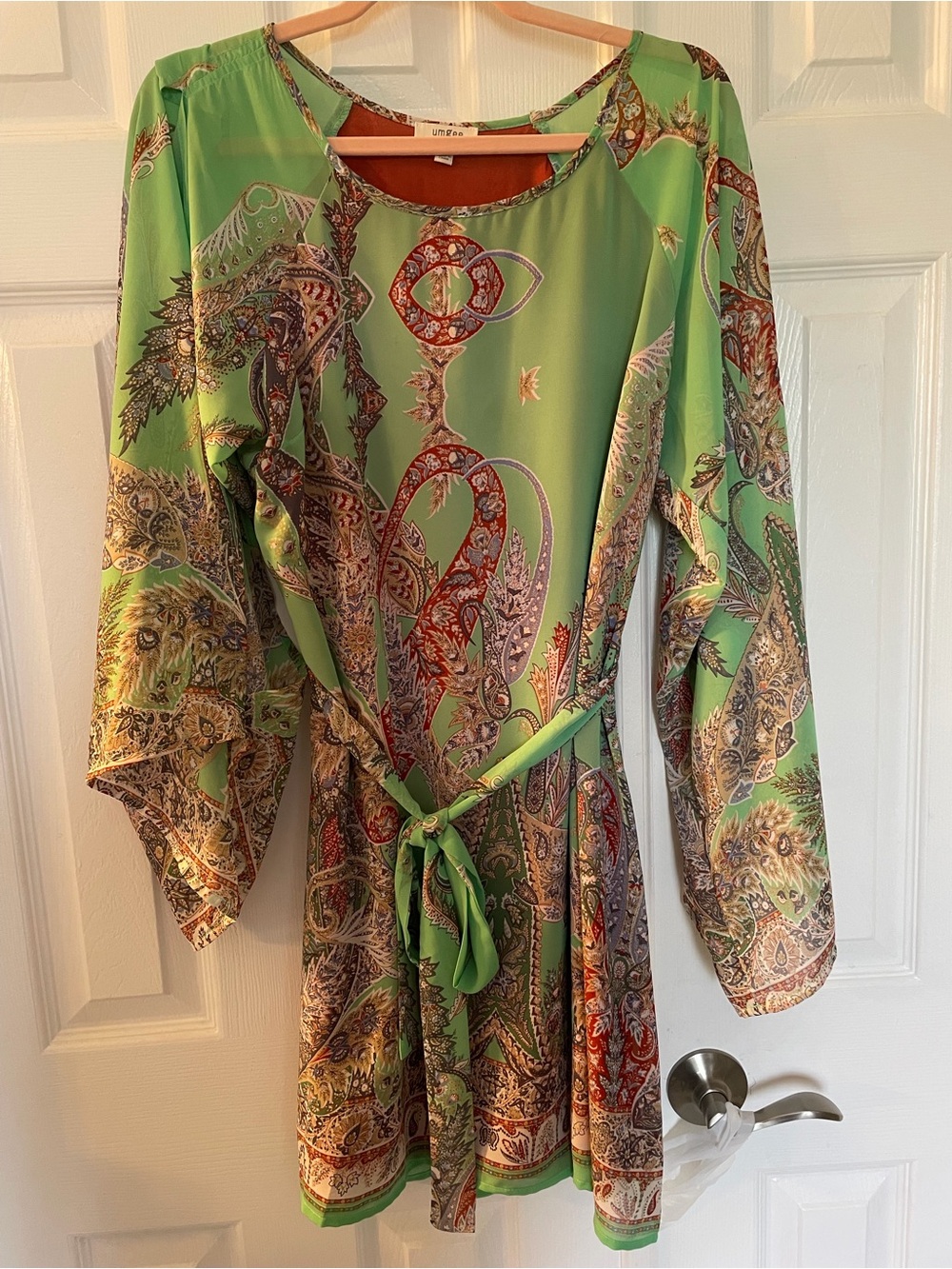 UMGEE GREEN PAISLEY LONG SLEEVE BELTED SHIFT DATE NIGHT VACATION DRESS SZ M - Picture 6 of 14